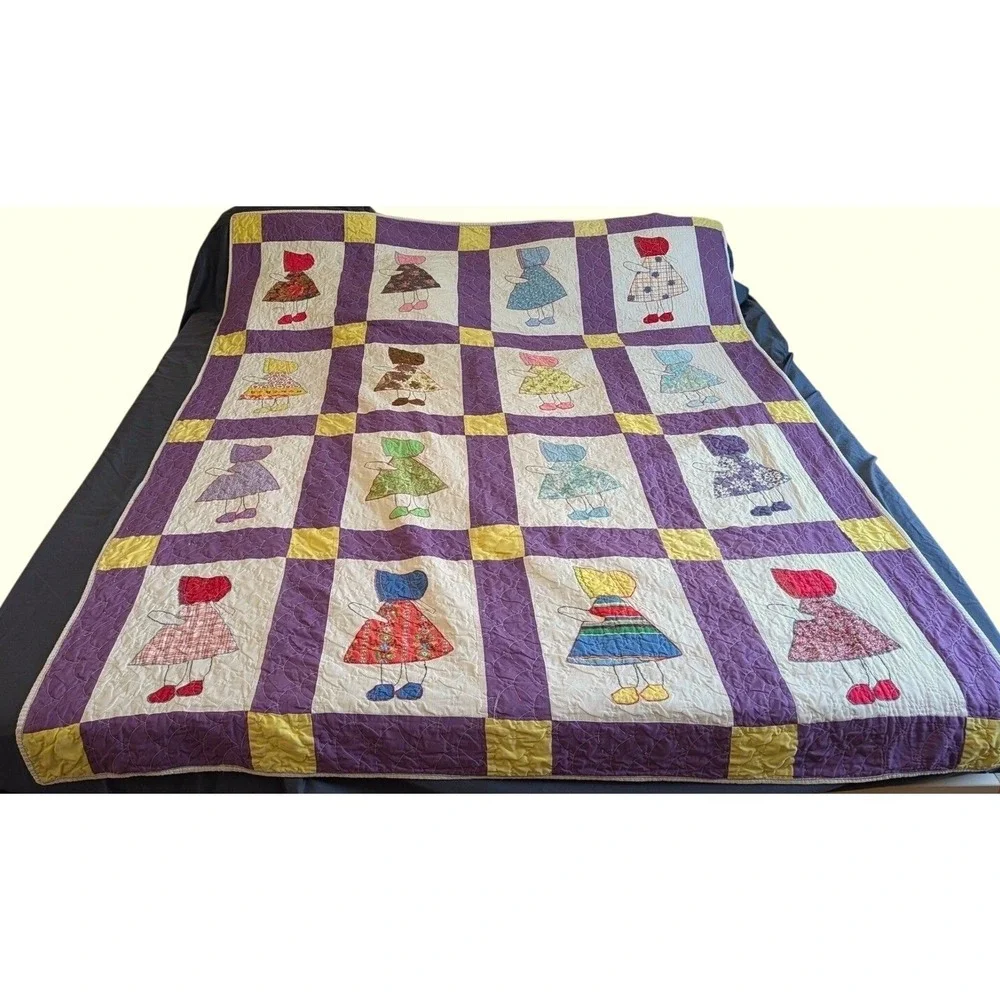 Vintage Handmade Quilt Sunbonnet Sue Twin Purple Calico‎ Cottage Folk Art 67x84